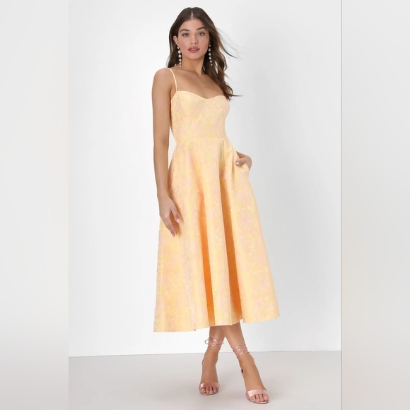 Lulus Meet for Tea Yellow Jacquard Bustier Midi Dress With Pockets XL Wedding - Picture 2 of 12